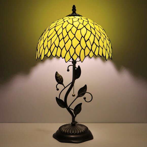 Tiffany Style Lamp Stained Glass Table Lamp w/Metal Leaf Base Yellow Wisteria - Picture 2 of 7